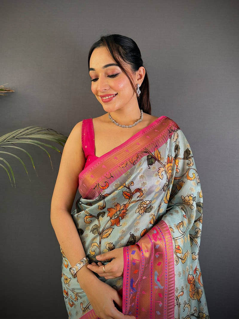 Regal Kalamkari Printed Tissue Saree