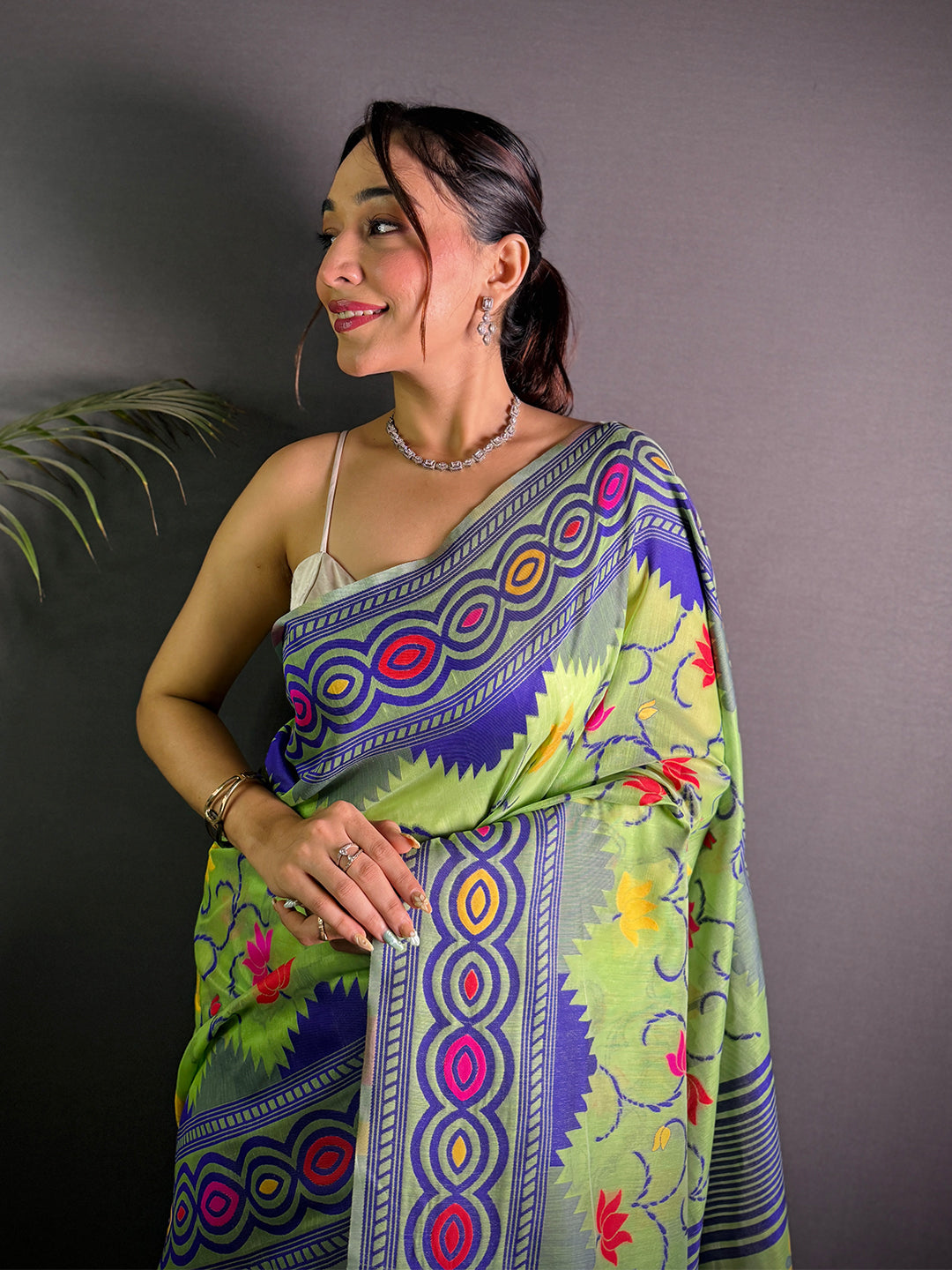 Light Green Dhakai Jamdani Soft Cotton Silk Saree