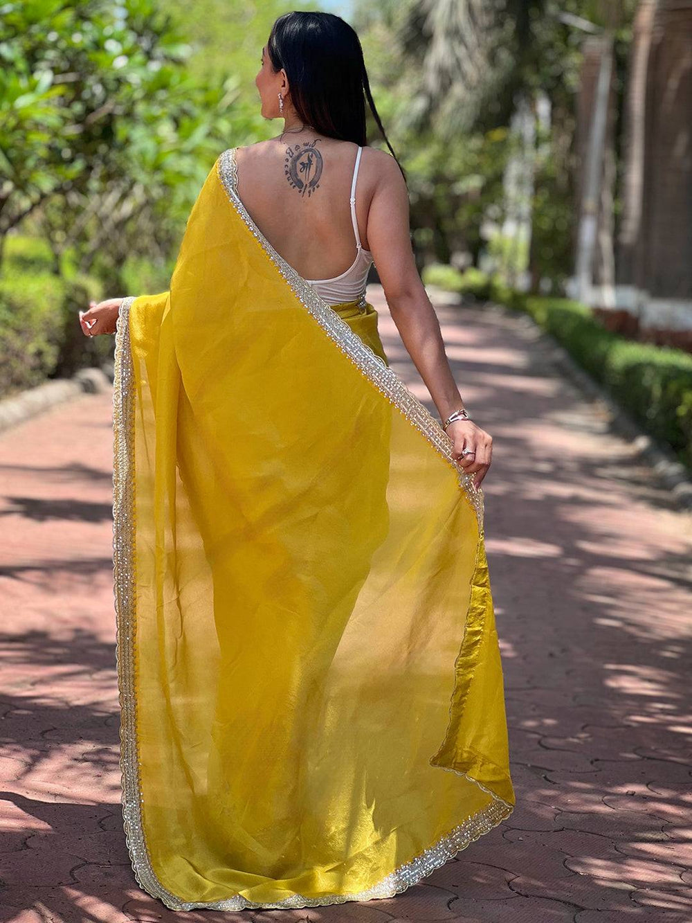 Back View of Yellow Viscose Saree with Embroidery