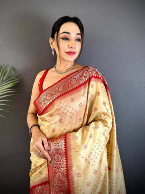Cream Bandhej Pochampally Raw Silk Saree

