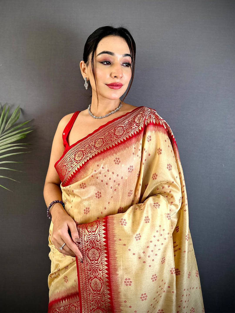 Cream Bandhej Pochampally Raw Silk Saree

