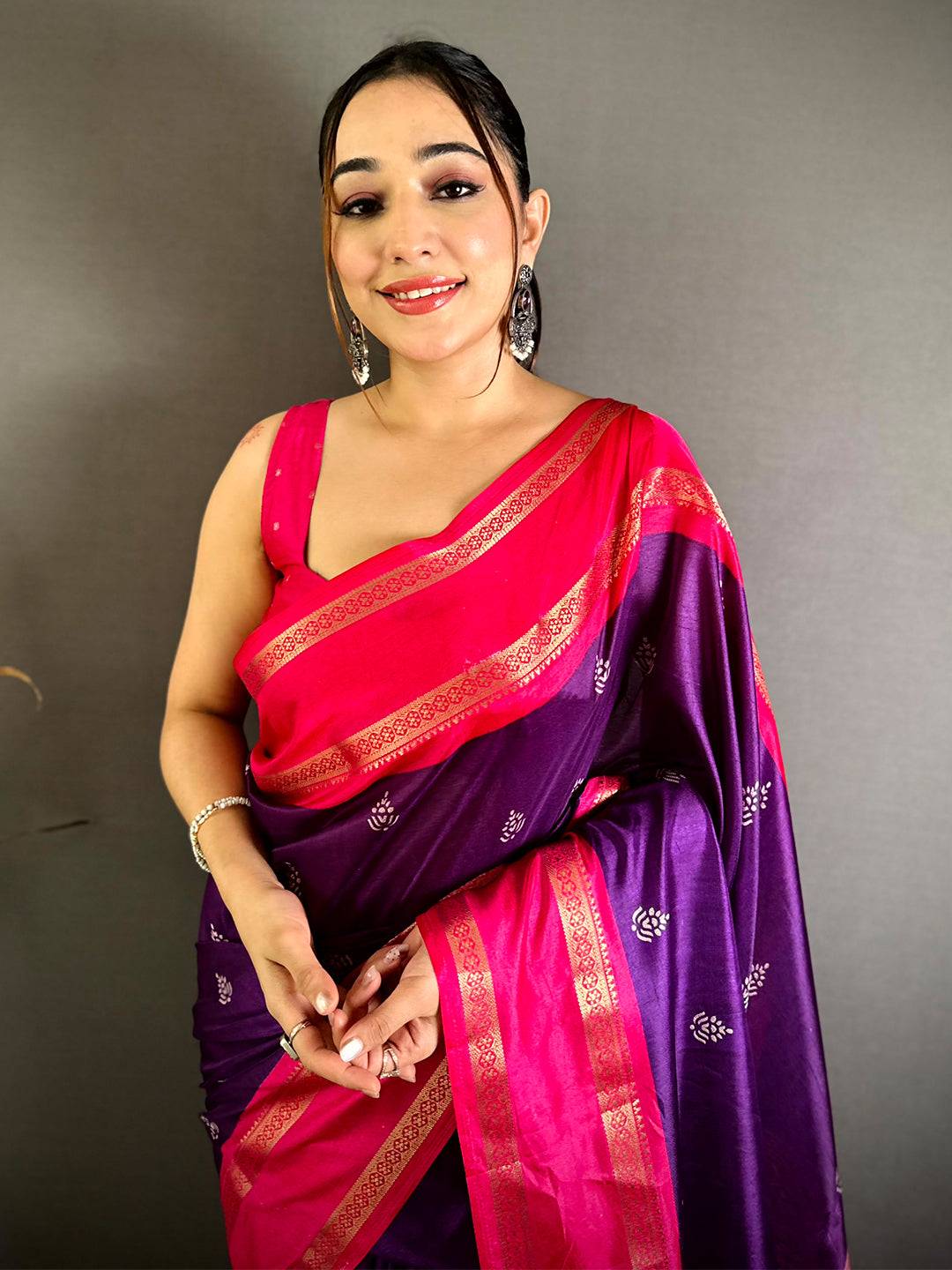 Purple Soft Dola Block Print Pallu Saree