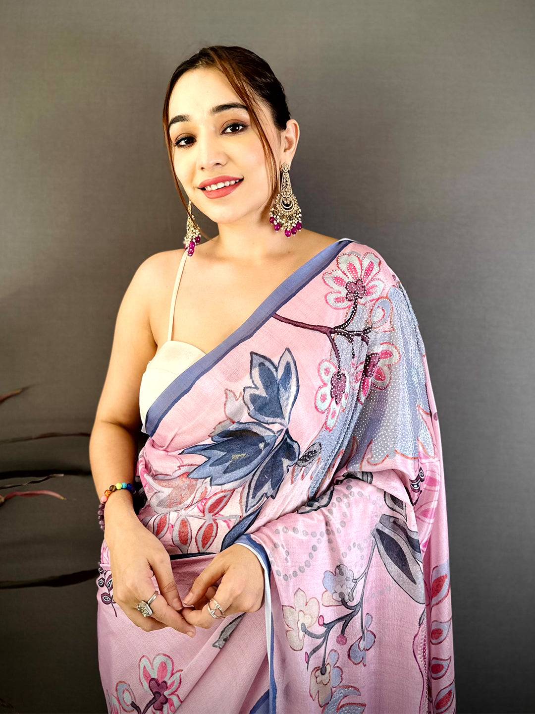 Pastel Pink Stone Work Floral Chinnon Saree
