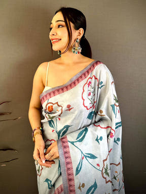 Sky Blue Floral Soft Tussar Saree