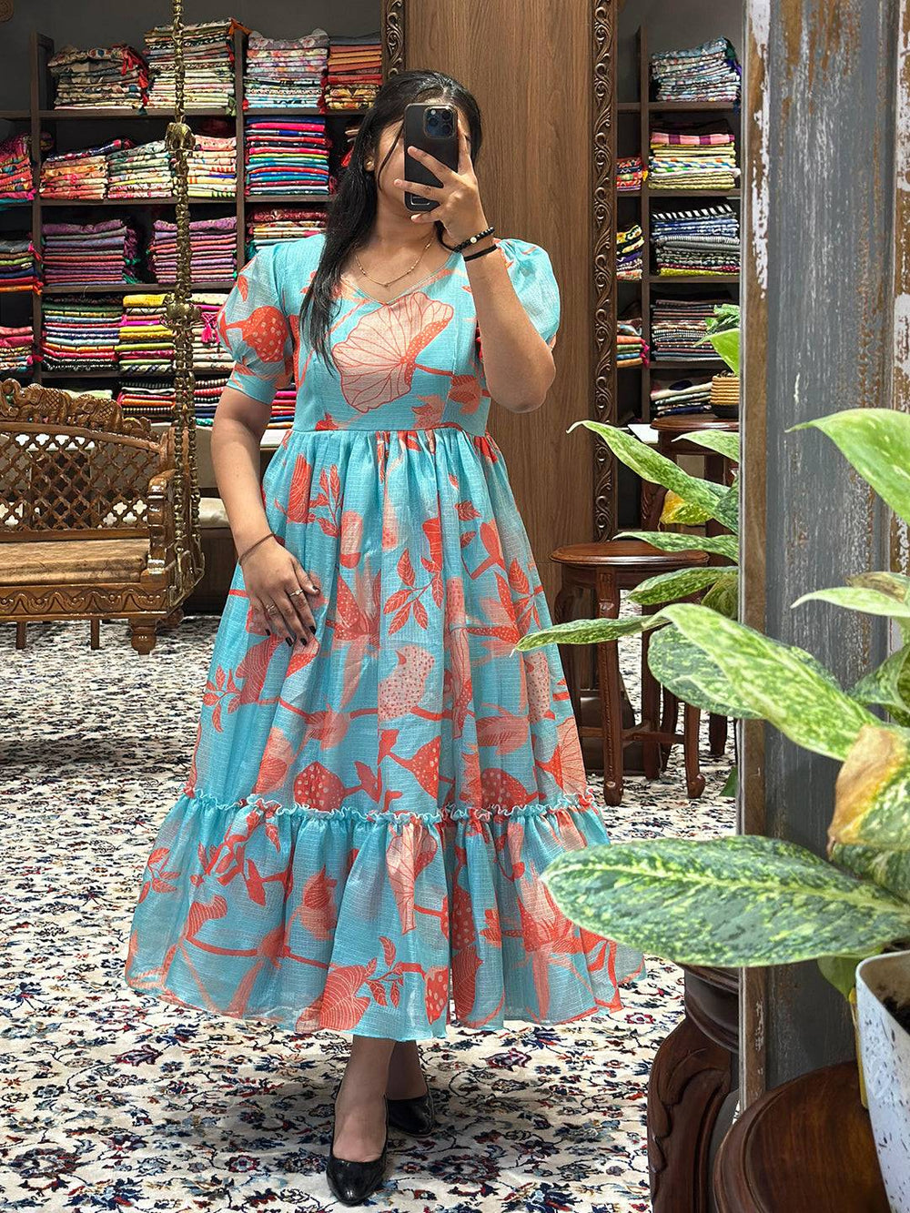 Charming Sea Blue Floral Print Dress in boutique