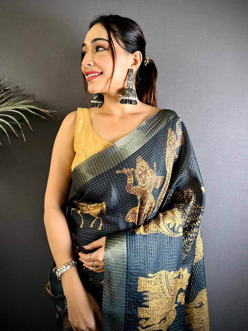Kalamkari Block Print Black Tussar Saree