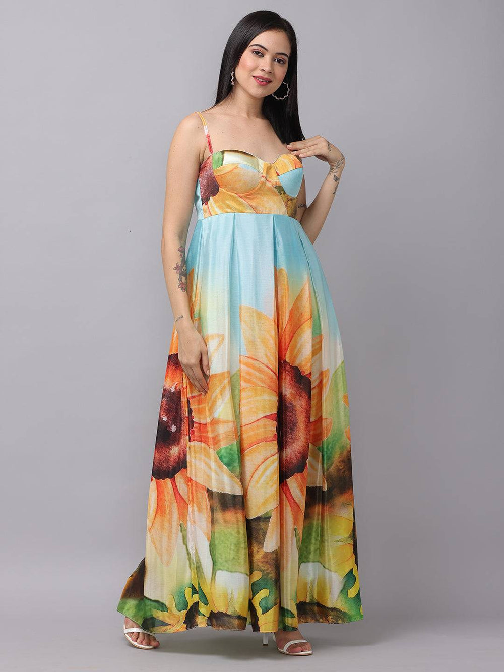 Front view of multi-color floral print long dress