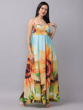 Front view of multi-color floral print long dress