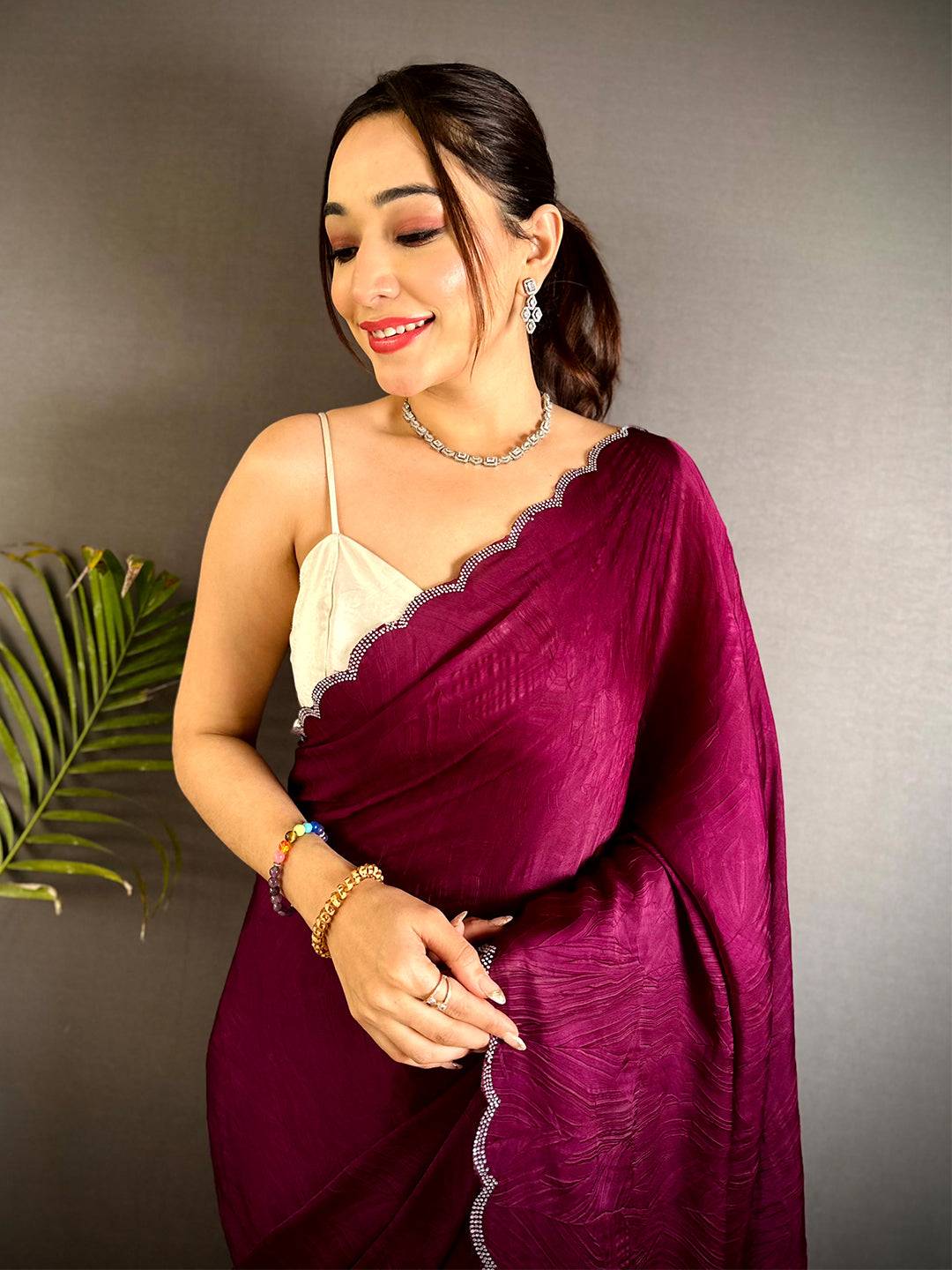 Magenta Stone Work Silk Crush Saree
