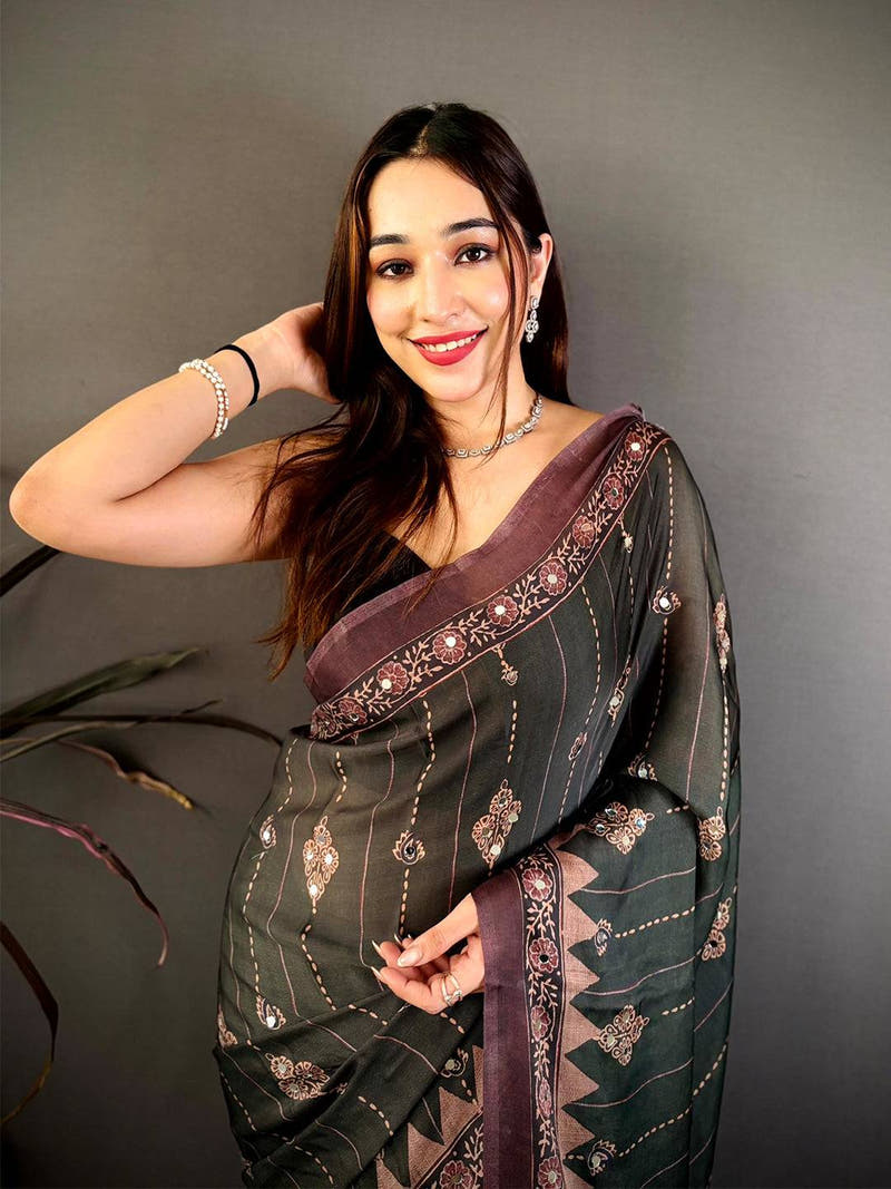 Olive Ajrakh Digital Printed Saree