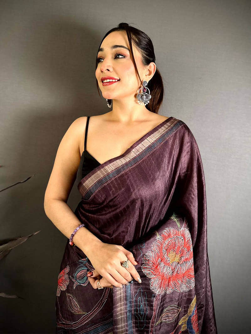 Vibrant Soft Tussar Ghicha Katha Saree