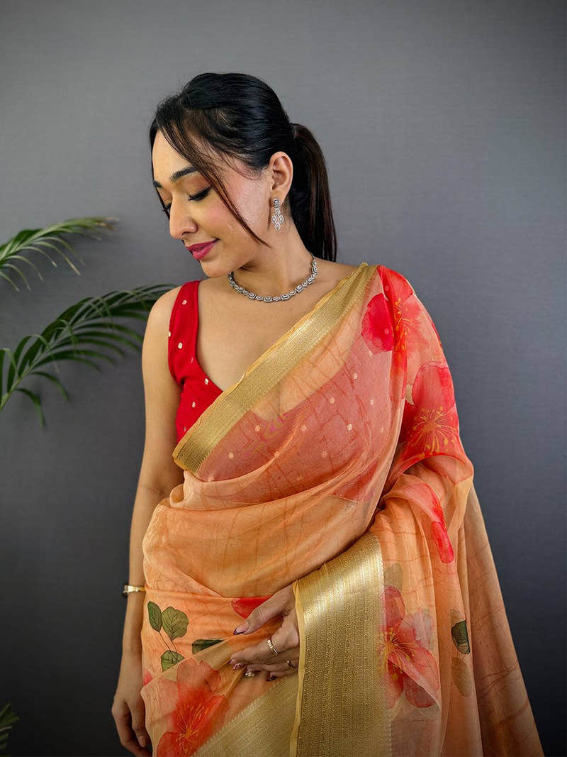 Peach Soft Organza Digital Print Saree