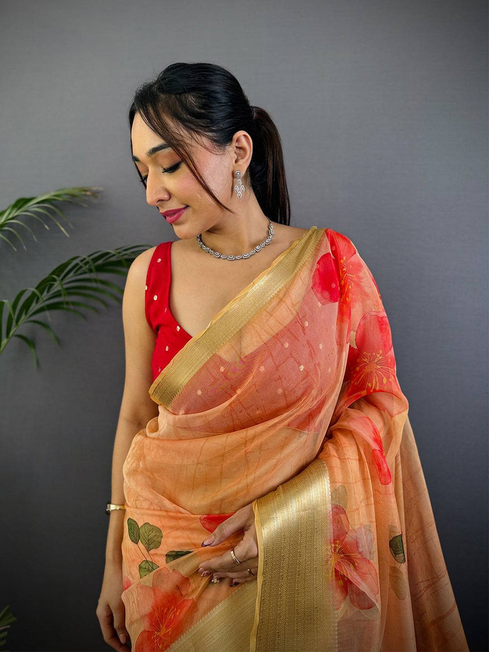 Peach Soft Organza Digital Print Saree