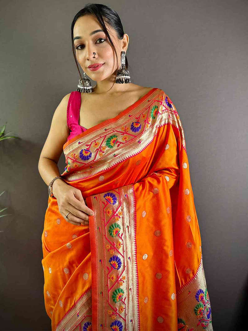 Orange Colour Yevla Paithani Soft Silk Saree
