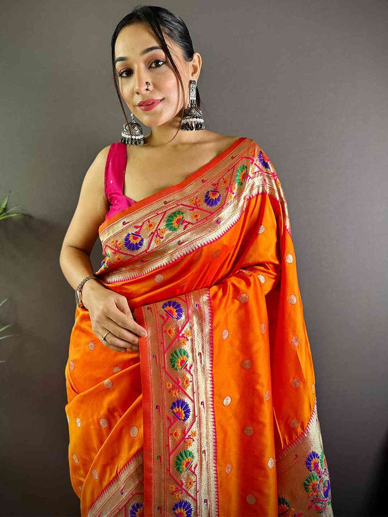 Orange Colour Yevla Paithani Soft Silk Saree
