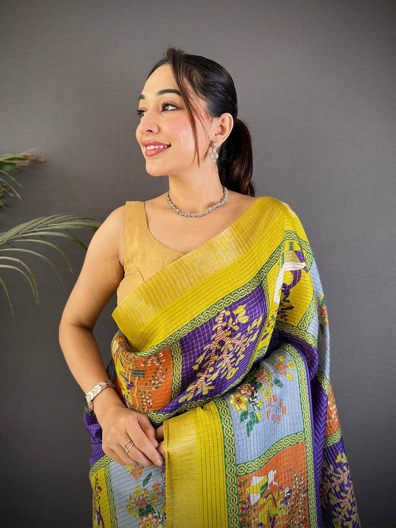 Royal Blue Tussar Kalamkari Print Saree