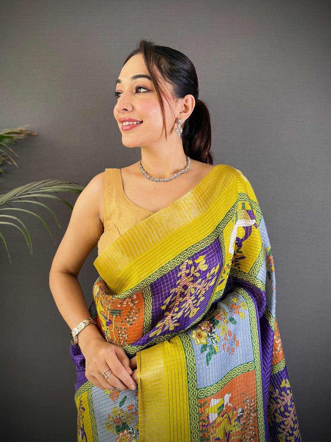 Royal Blue Tussar Kalalmkari Print Saree

