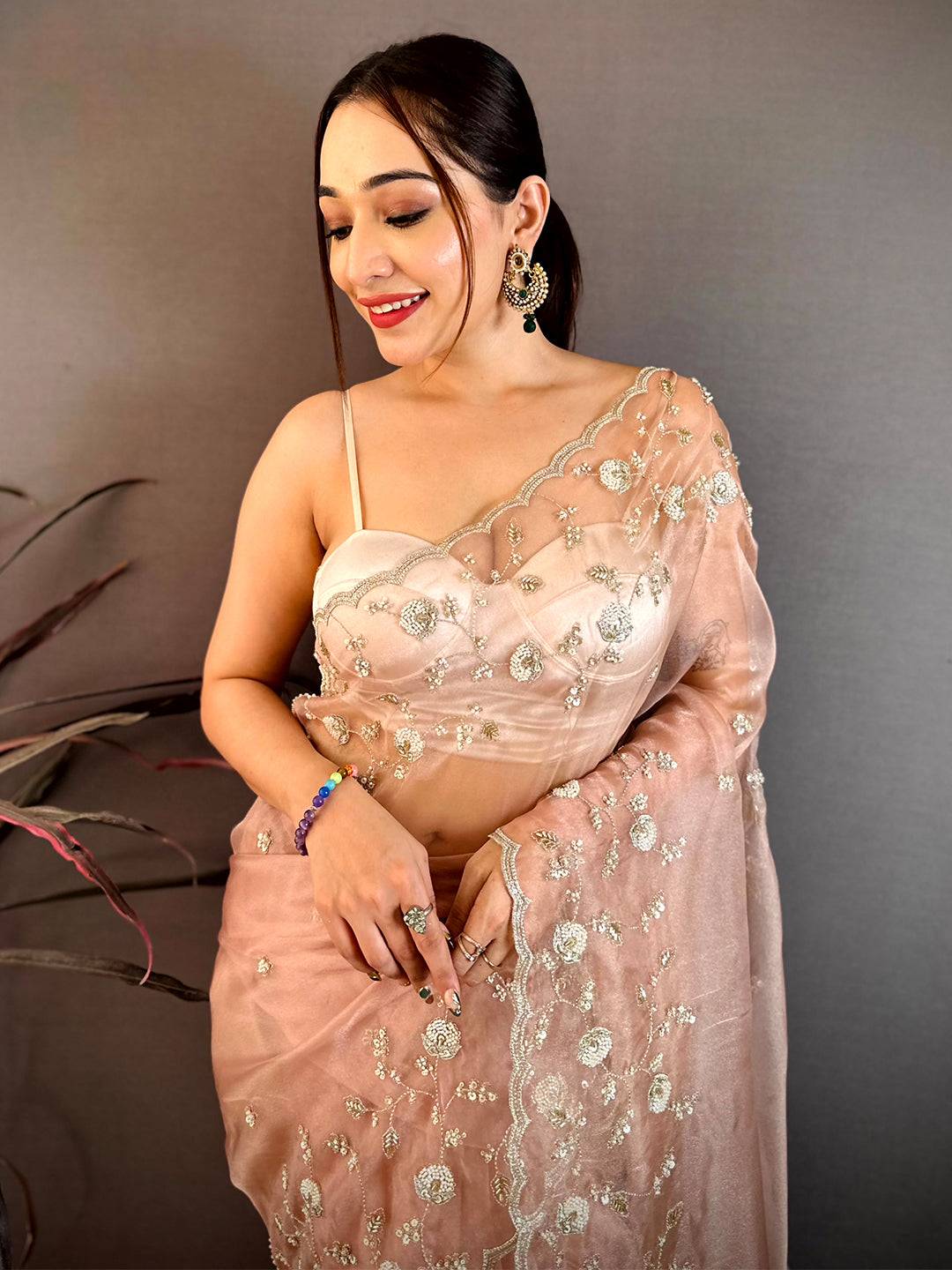 Peach Pearl Sequin Embroidered Organza Saree