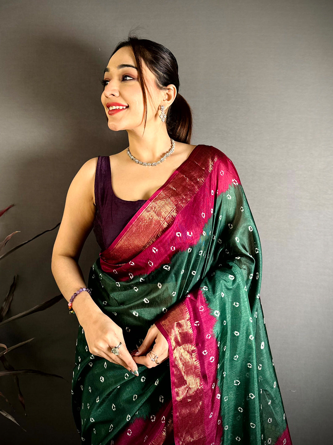 Green Bandhej Printed Dola Silk Saree