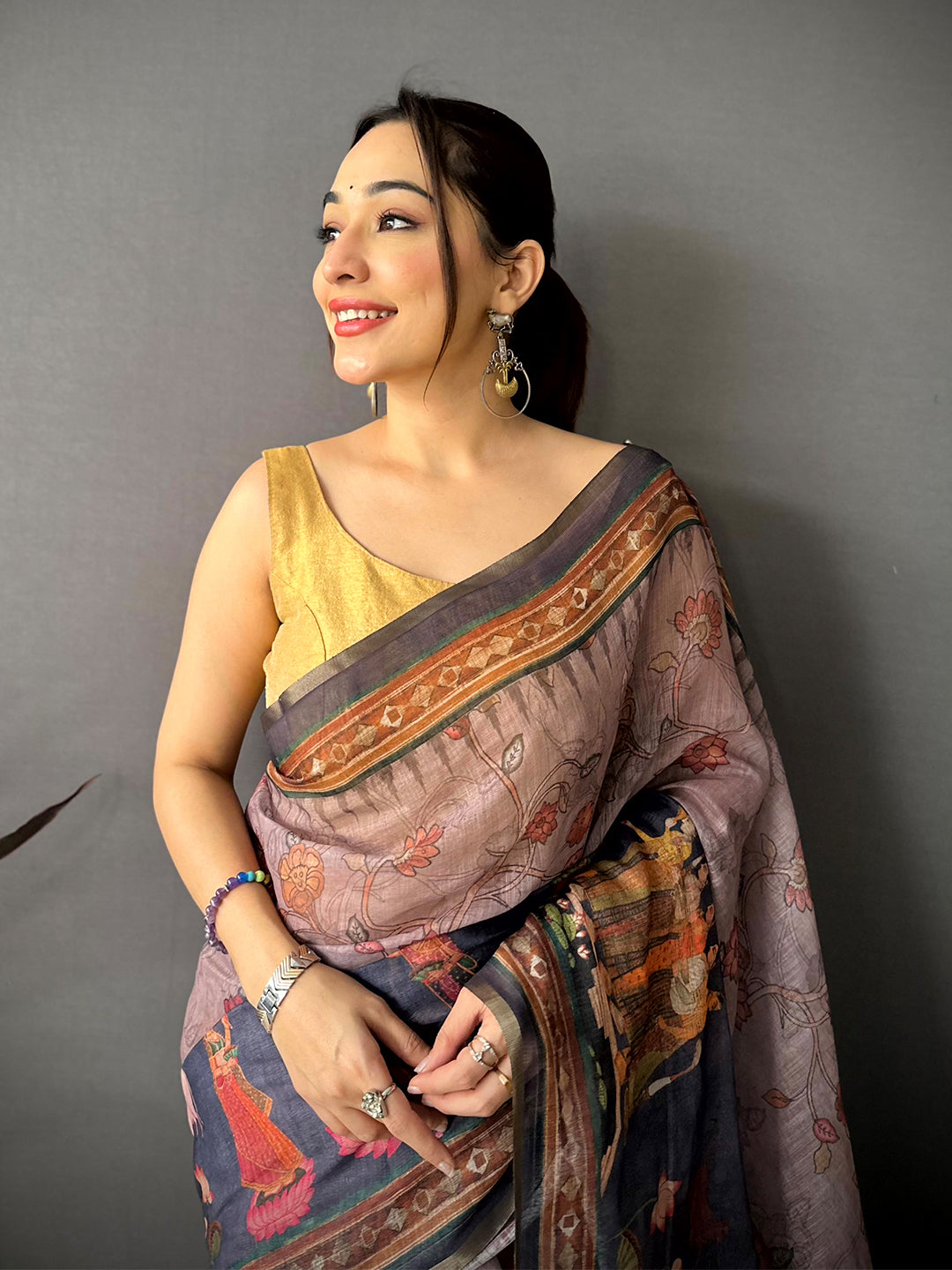 Tradition Pen Kalamkari Digital Linen Saree


