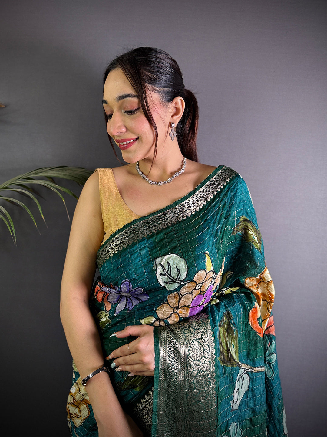 Teal Pure Viscose Kalalmkari Print Saree