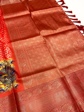Rose Red Bandhej Printed Banarasi Saree