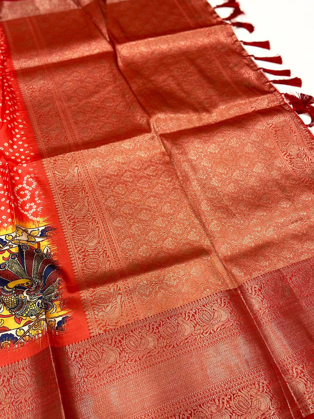 Rose Red Bandhej Printed Banarasi Saree