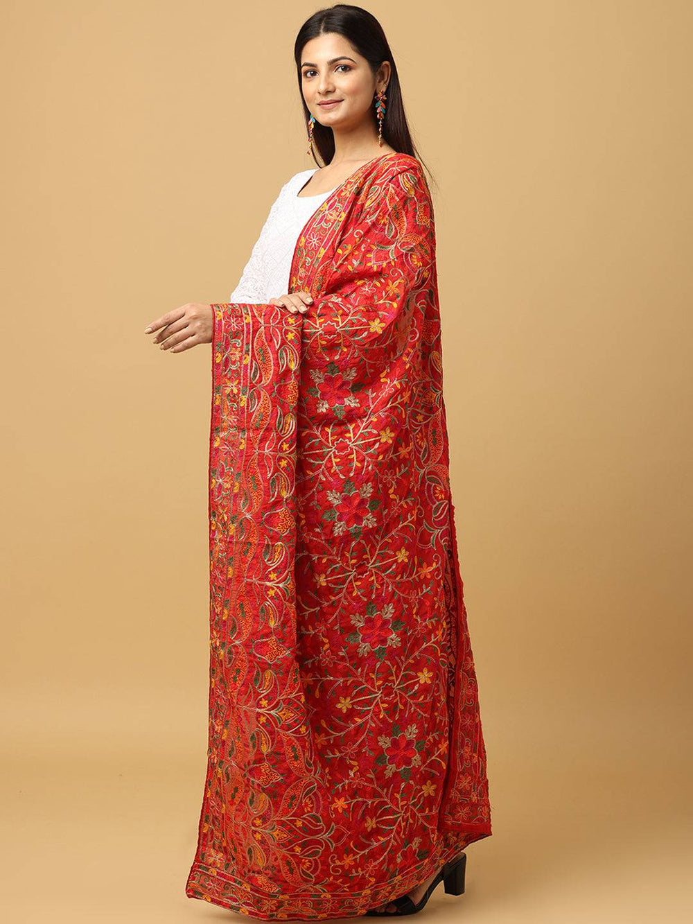 Side view of Red Poly Chiffon Pashmina Dupatta