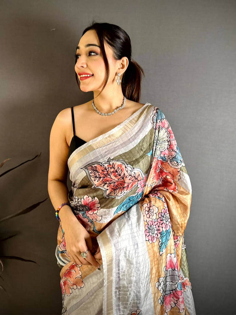 Stylish Tussar Ghicha Floral Saree