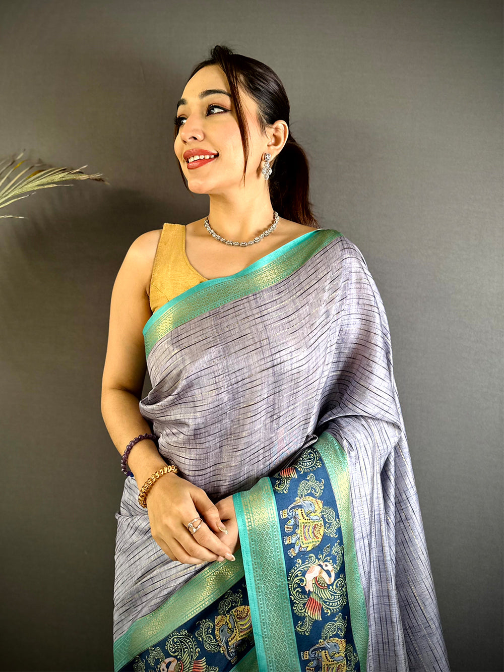 Steel Grey Tanjore Print Silk Saree