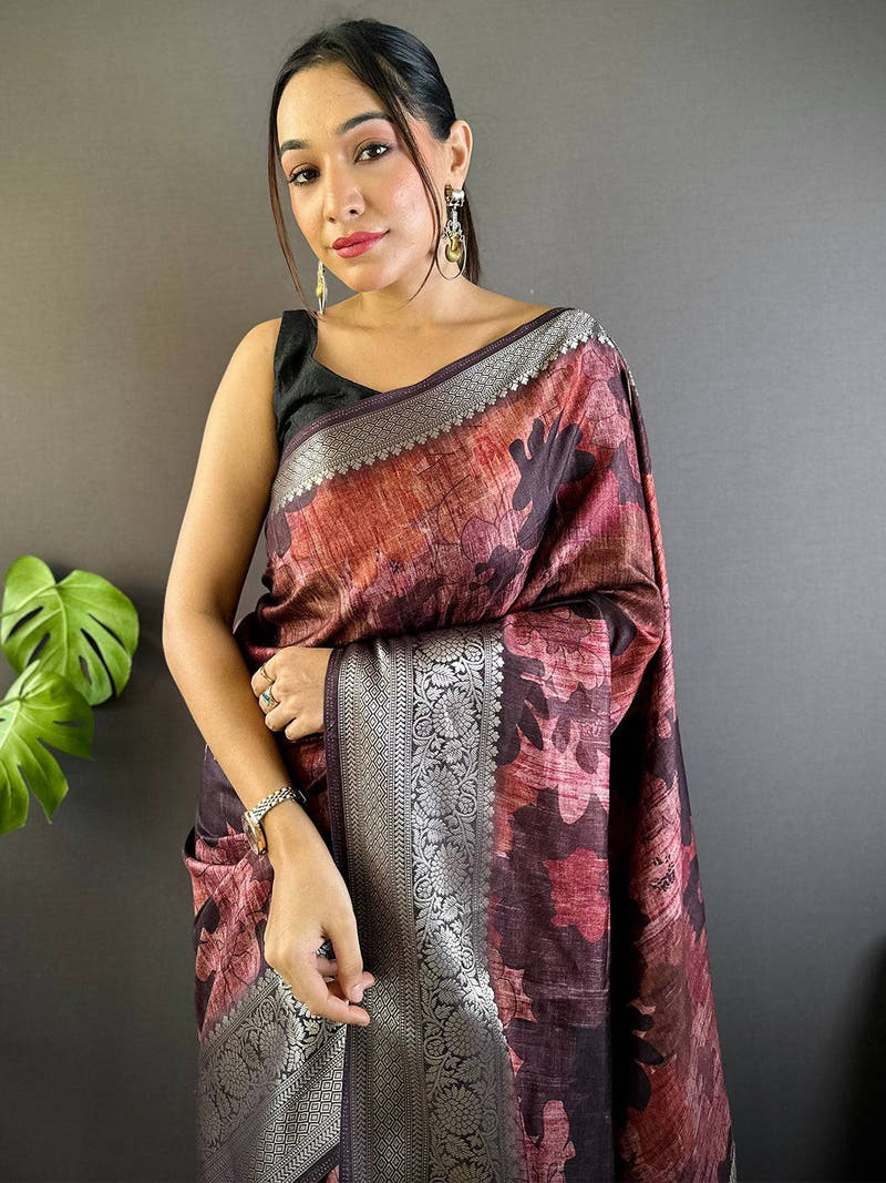 Maroon Zari Woven Floral Dola Silk Saree