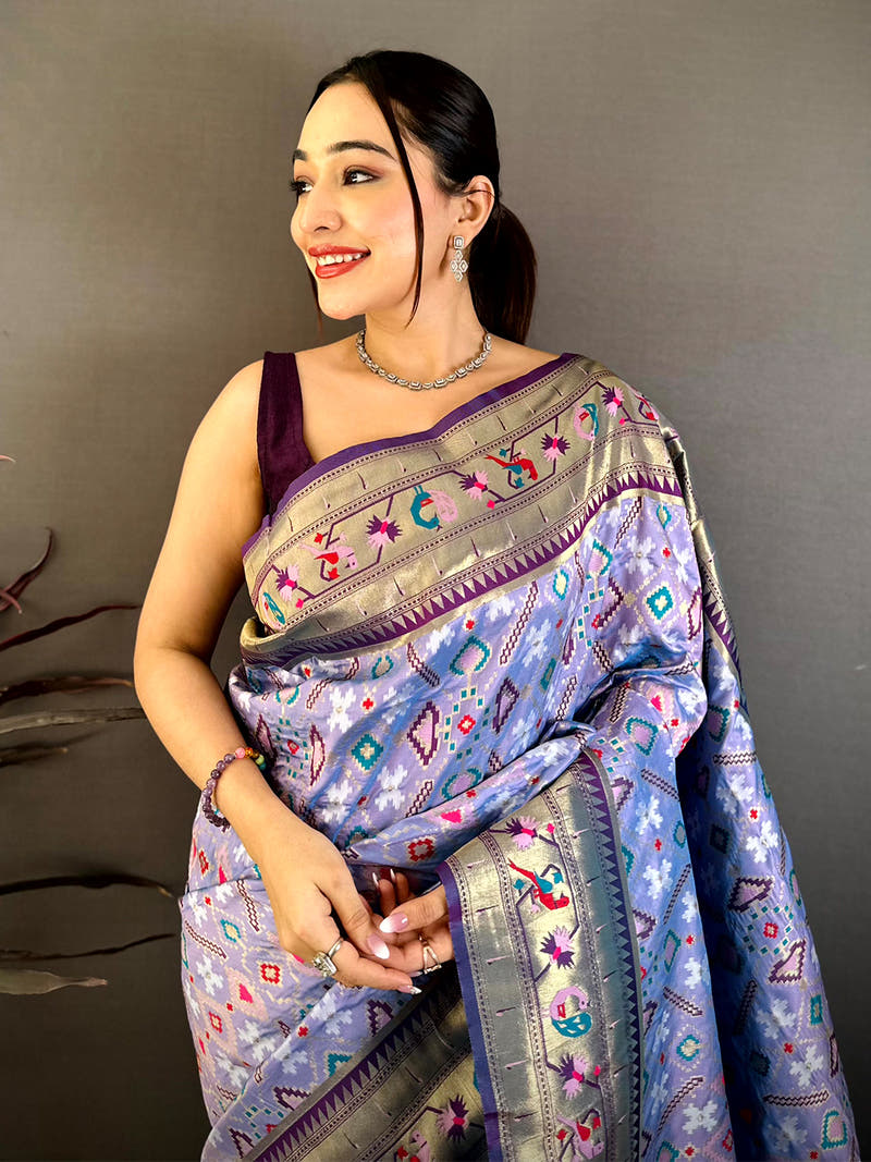 Light Lavender Patola Silk Zari Weaving Saree with intricate patterns and vibrant colors