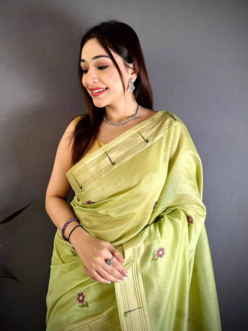 Pista Sunflower Minakari Khadi Saree