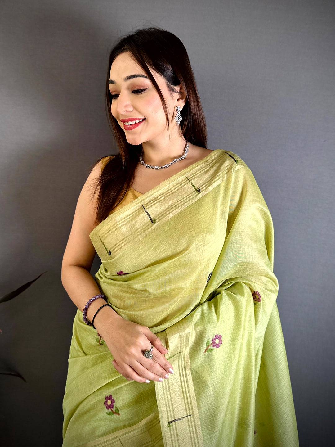 Pista Sunflower Minakari Khadi Saree