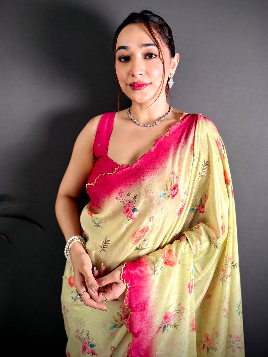 Yellow Chinnon Embroidered Border Saree

