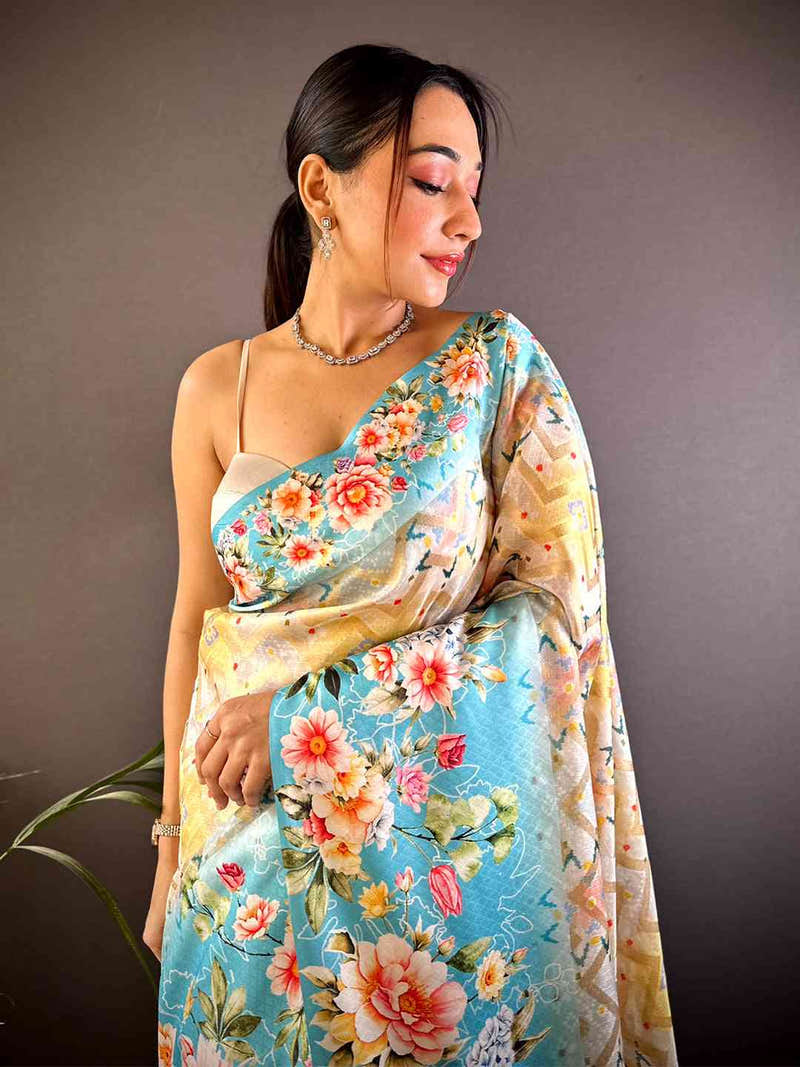 Sky Blue Zari Zigzag Kota Doriya Saree