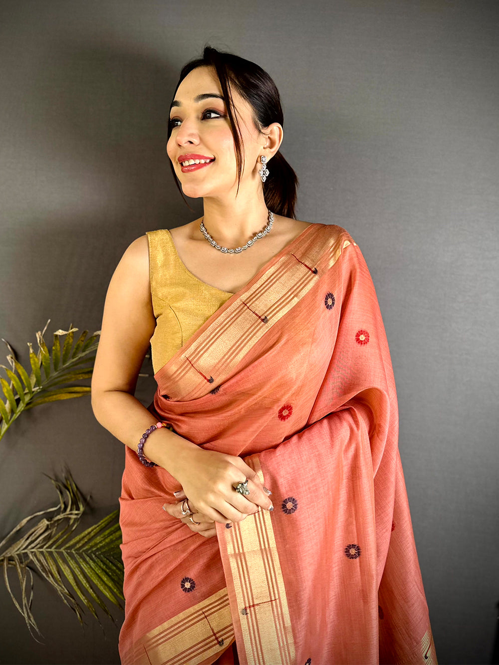 Aura Pink Minakari Butti Linen Saree