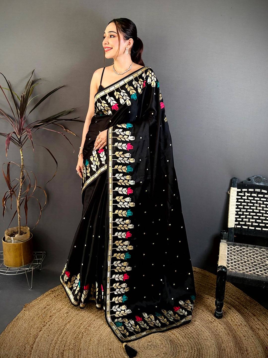 Black Soft Satin Minakari Aari Work Saree
