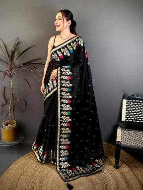 Black Soft Satin Minakari Aari Work Saree