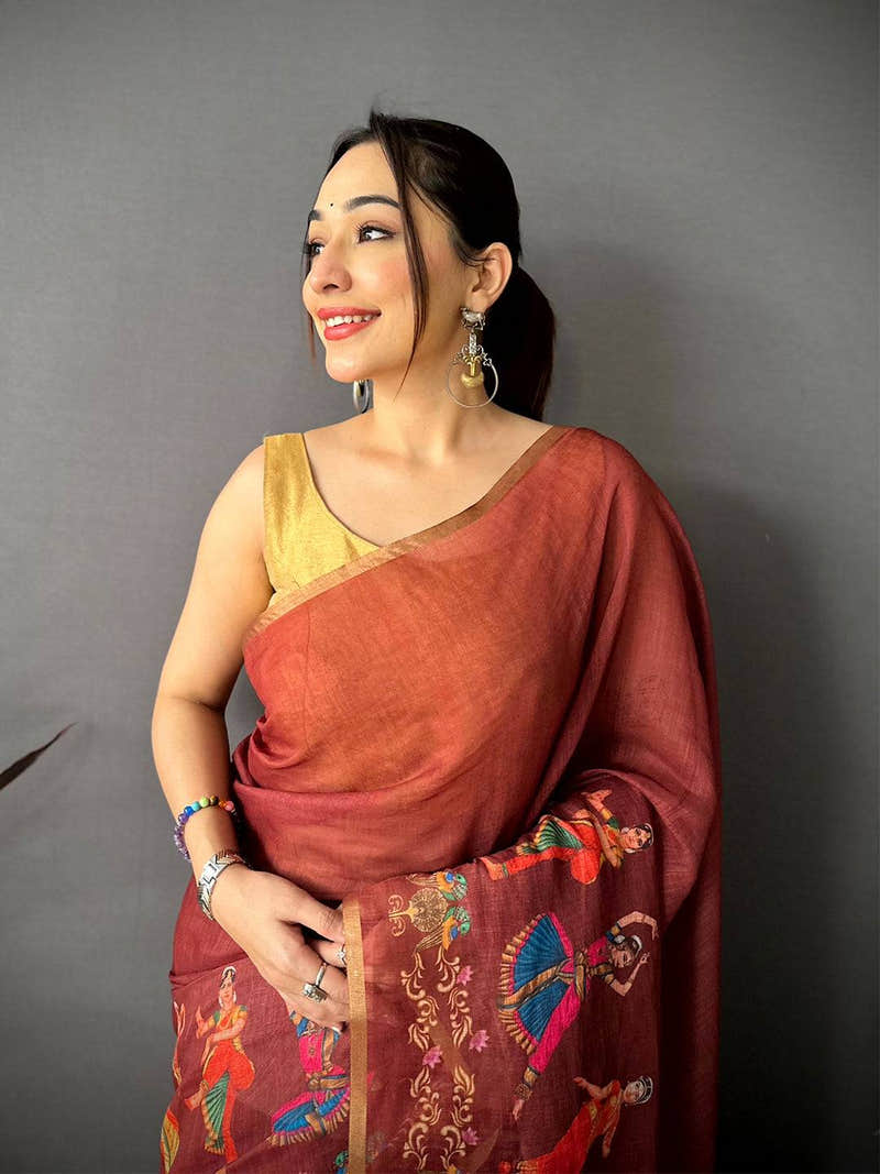 Maroon Bharatanatyam Art Linen Saree