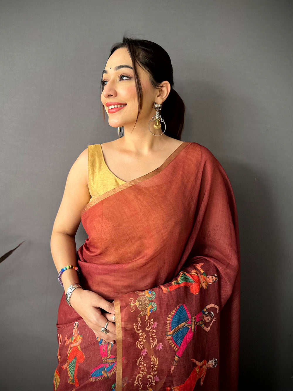 Maroon Bharatanatyam Art Linen Saree