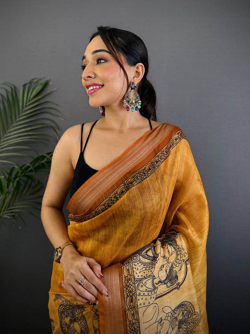Mustard Linen Kalamkari Printed Saree