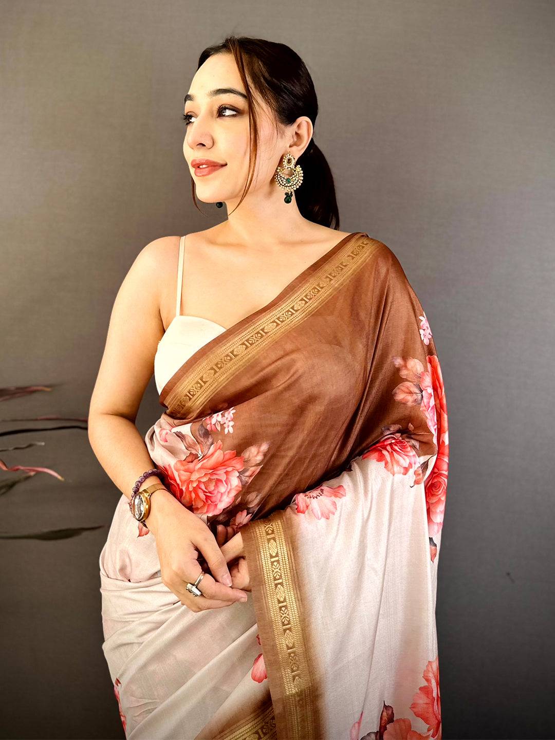 Brown Soft Silk Floral Lehriya Print Saree