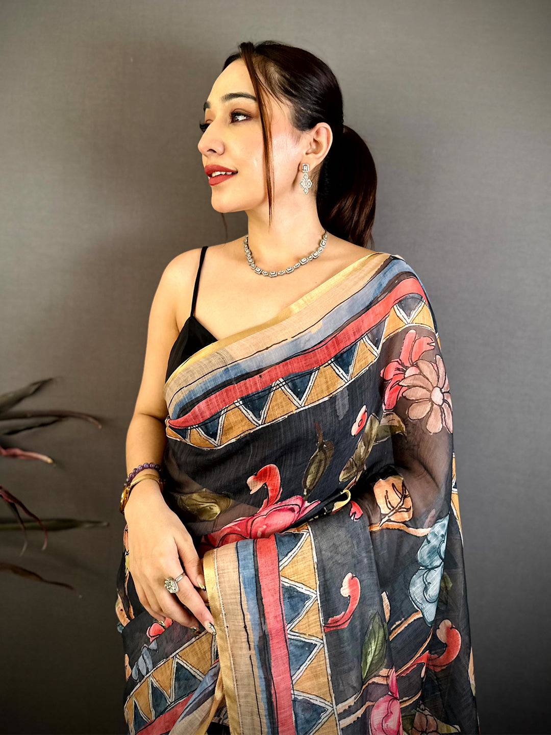 Black Free Hand Floral Linen Saree