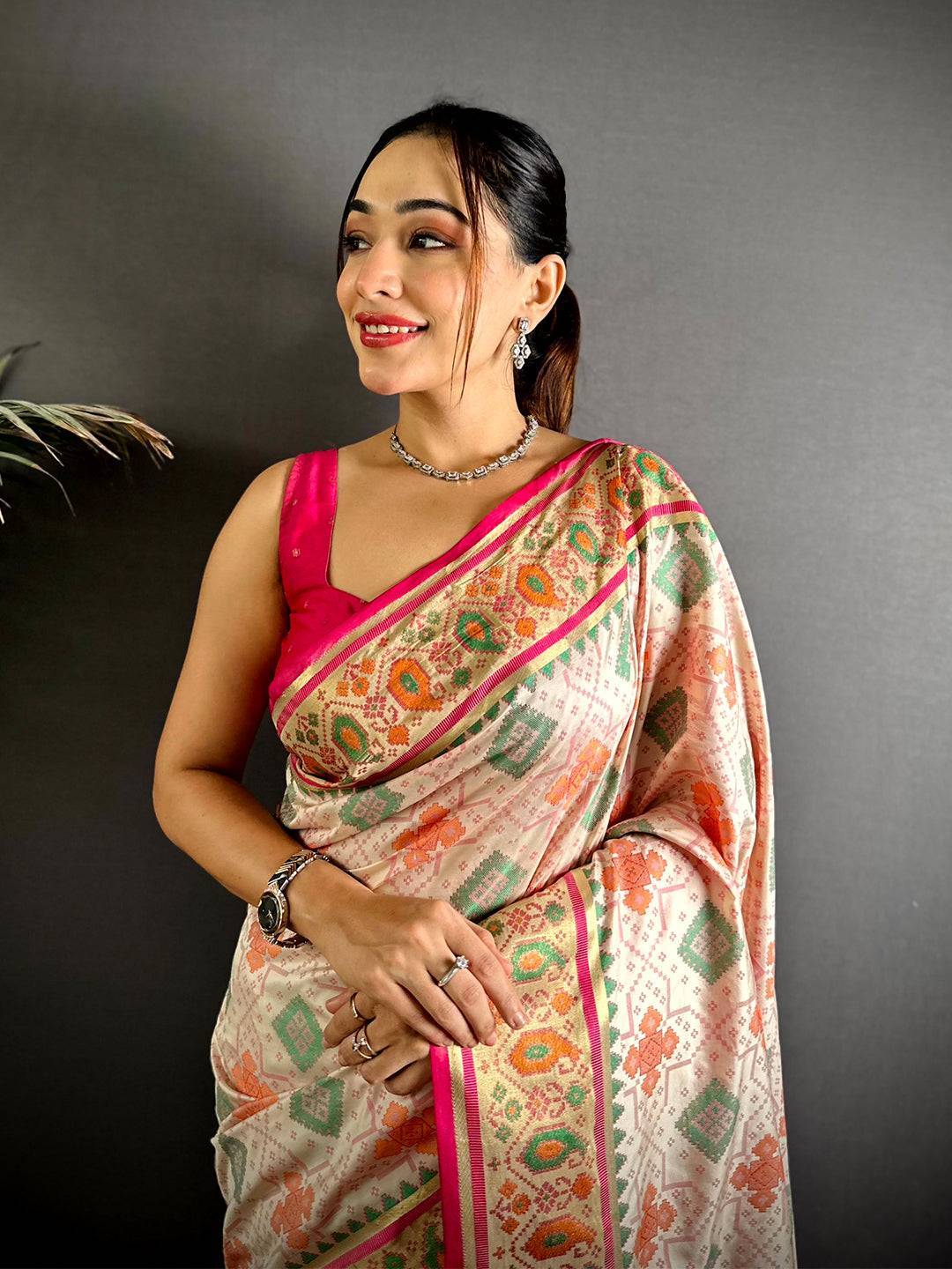 White Soft Silk Saree With Patola Weaving

