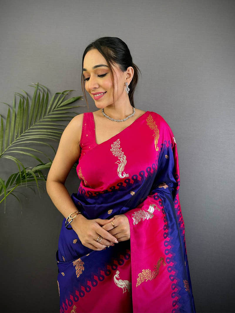 Purple Gold Zari Peacock Butta Soft Silk Saree