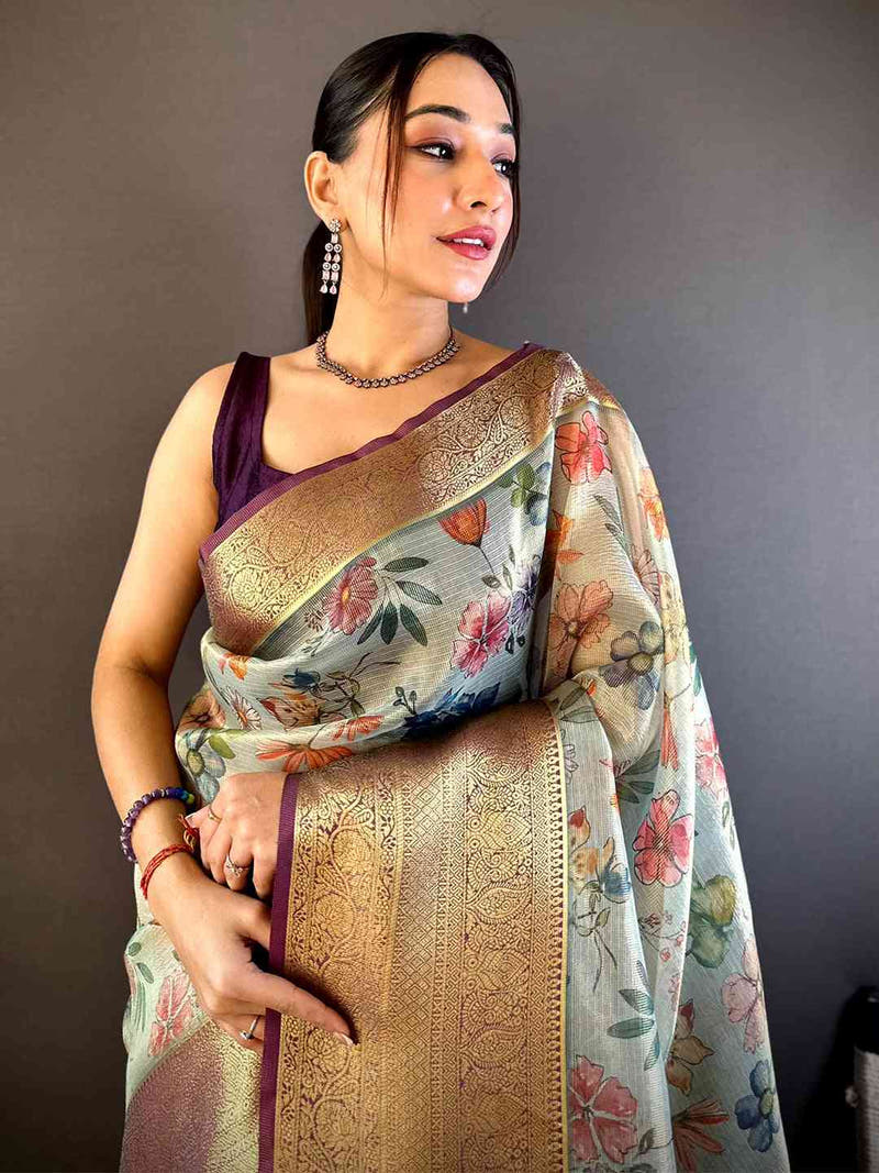 Fern Green Floral Gold Zari Tissue Saree