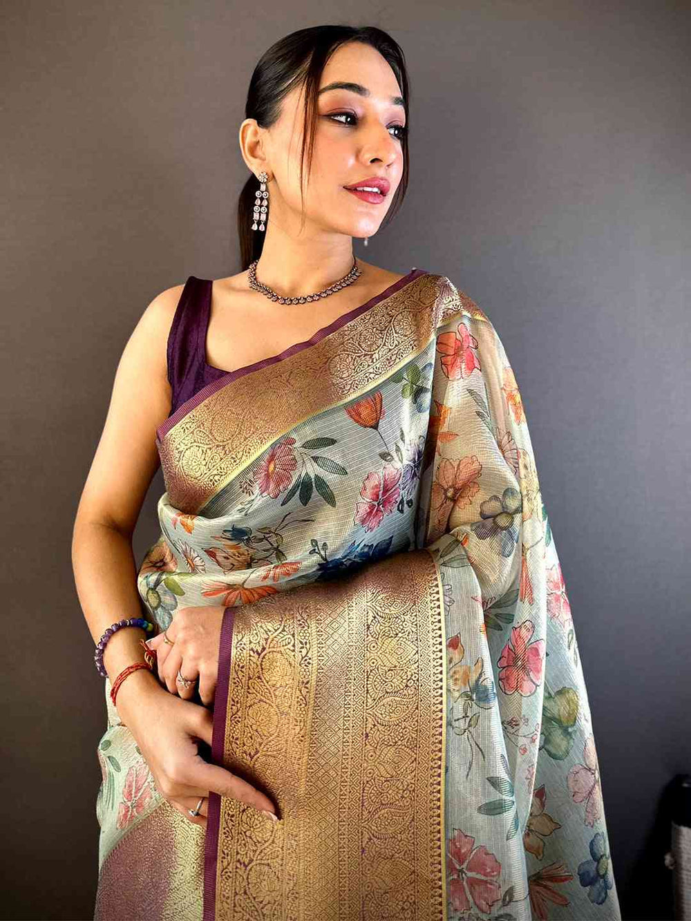 Fern Green Floral Gold Zari Tissue Saree