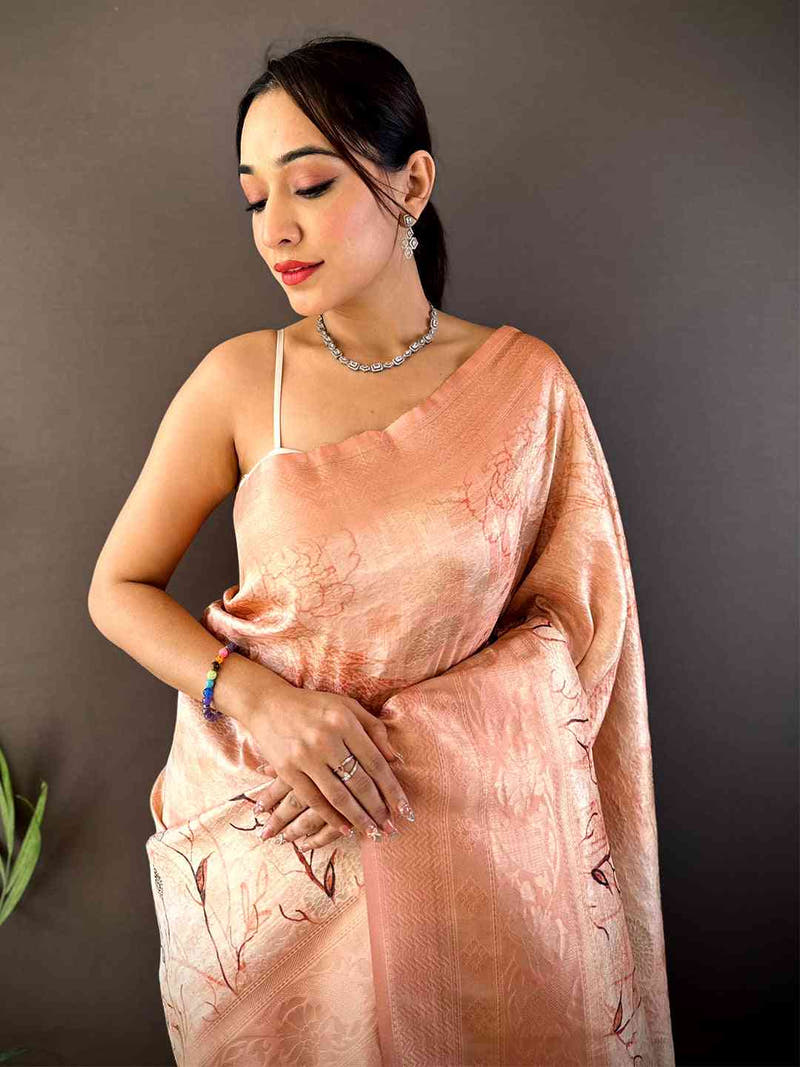 Salmon Pink Kanjivaram Digital Silk Saree