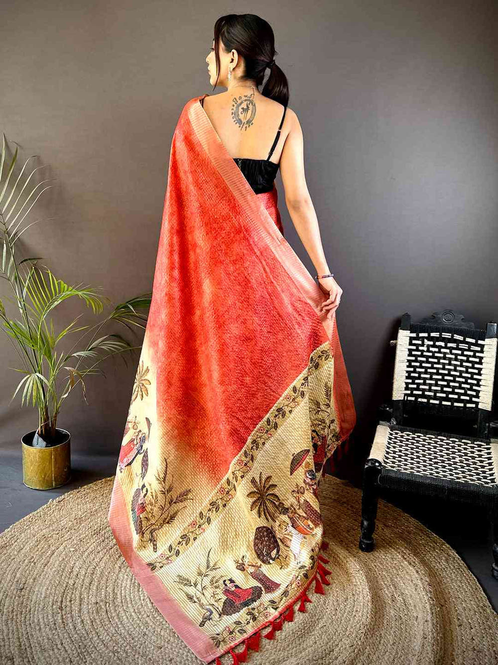 Red Kalamkari Pichwai Black Check Saree